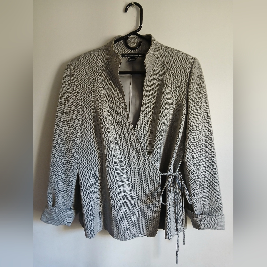 Linda Allard Ellen Tracy Gray Lined Wool Blend Pattern Side Tie Jacket Sz8